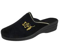 Yinka Shoes Ladies Velour Embroidered Flower Wedge Slip On Hard Sole Backless Mule Slippers Size 3-8 (6 UK, Black)