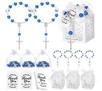 Yinkin 100 Pcs Baptism Favors Set Includes Mini Rosary, Baptism Favor Boxes, White Organza Bags and Kraft Thank You Tags 25 Sets Each for Christening Communion Baby Shower Party Decorations(Blue)