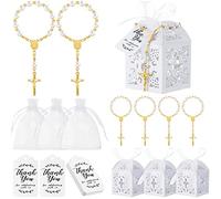 Yinkin 100 Pieces Rosaries Baptism Sets Including Mini Rosary, Cross Favor Boxes, Organza Gift Bags and Thank You Kraft Tags Guest Return Gifts for Baptism Wedding Decor(Gold)