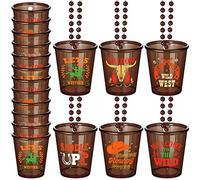 Yinkin 12 Pcs Cowboy Shot Glasses Necklace Western Themed Party Decorations Shot Glasses on Beaded Necklace Plastic Cowboy Props for Adults and Teens Festival Party Supplies, 6 Styles