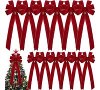 Yinkin 12 Pcs Extra Large Christmas Bows with Golden Snowflake 26 x 10 Velvet Wired Ribbon Bows Indoor Outdoor Handmade Bows for Wreaths Xmas Tree Topper Garland Winter Party Decoration (Wine Red)