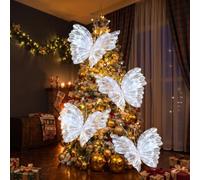 Yinkin 4 Pcs 20'' Christmas Large LED Butterfly Decoration Iridescent White | Mariposas Grandes Para Decoracion, Mesh Hanging Butterflies, Giant Light up Wall Decor, for Christmas Wedding Birthday