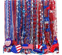 Yinkin 50 Pcs 4th of July Accessories Bead Necklaces Bulk, Metallic Patriotic Red Blue Silver Bead Necklaces with USA Hat American Flag for Independence Day Parade Carnival Party Decorations