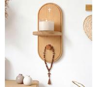 Yinkin Wooden Christian Rosary Prayer Shelf with Candle Holder Catholic | Wall Mounted Religious Rosary Hanger Holder Catholic, 12.2 x 5.1 x 5.5 Inch, with Cross Design, for Prayer Beads Candles
