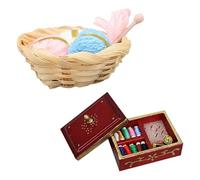 YiNLuax 1/12 Scale Dollhouses Miniature Sewing Tools Kits with Yarn Basket and Sewing Box for Realistic Model Scene