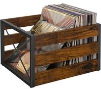 YINMIT Vinyl Record Storage, Large LP Vinyl Record Storage Crate, Metal & Wooden Record Holder, Cube Record Organizer Box, Holds up to 80+ Records