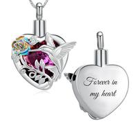 Yinplsmemory Crystal Heart Cremation Jewelry with Hummingbird Urn Ashes Necklace for Women Memorial Ashes Keepsake Jewelry of Loved Ones, Stainless Steel, No Gemstone
