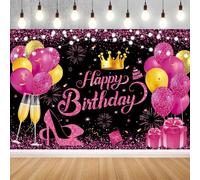 YinQin 180x120 cm Glitter Hot Pink Golden Happy Birthday Party Photo Background Backdrop Cloth 71x47 inch Happy Birthday Sign Banner Decoration Supplies for Women Girl (Pink)