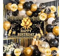YinQin 63 PCS Black Gold Happy Birthday Party Balloons Set with Photo Backgrounds Backdrops Banner Cloth Confetti Balloon Black Golden Happy Birthday Party Supplies Decorations for Men Women