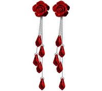 Yinujiao Statement Red Synthetic Coral Rose Flowers Tassel 925 Silver Earrings | Boho Fringe Drop Dangle Austrian Crystal Pendant Delicate Creative Design Elegant Series Jewelry for Women