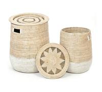 Yinuo Mirror 2pcs Large Natural Seagrass Laundry Baskets with Lid, Round Multifunctional Organiser, Woven Baskets, Laundry Bin, Laundry Hamper, for Blankets, Clothes, Living Room, Bedroom