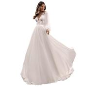 yinyyinhs Lace Appliques Wedding Dresses for Bride Long V Neck Tulle Chiffon A-Line Sleeveless Bridal Ball Gown with Slit, P-Ivory, 18