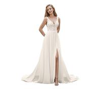yinyyinhs Lace Appliques Wedding Dresses for Bride Long V Neck Tulle Chiffon A-Line Sleeveless Bridal Ball Gown with Slit, E-Ivory, 14