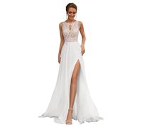 yinyyinhs Lace Appliques Wedding Dresses for Bride Long V Neck Tulle Chiffon A-Line Sleeveless Bridal Ball Gown with Slit, D-white, 10
