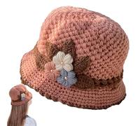 Yiohejy French Thickened Flowers Knitted Woolen Hat - Warm and Windproof Floral Womens Knitted Crochet Beanie Hat,Elegant Knit Hats for Women Winter, Women's Winter for Indoor Outdoor Pink