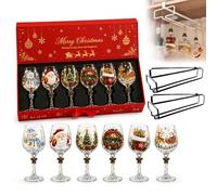 yiokeo Christmas Glasses Drinking, Christmas 3D Wine Glass Collection Gift Box Set with Snowflake Decor, Cocktail Compatible, Table Decor, for Wine, Cocktails, Holiday Party (6PCS+2*Black Rack)