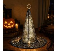 Yiokii Light Up Black Mesh Witch Hat Pendant with Lamp, Glowing Halloween Cone Ornament with Hanging Ring, Spooky Pendant Decor for Porch, Tree, Window, Indoor & Outdoor Party