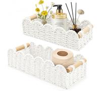 Yiomxhi 2 Pcs Wicker Storage Baskets, Woven Organizer Bins with Wooden Handles, Rope Scalloped Edge Toilet Paper Baskets for Bathroom, Shelf, Kitchen, Pantry, Countertop, Home Decor (White)