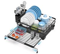 Yiomxhi Dish Drying Rack, Extendable Large Dish Rack for Kitchen Counter, Adjustable Spout Auto-Draining Kitchen Dish Drainer with Drainboard and Cutlery Holder, Black