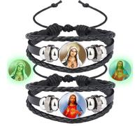 YionZian 2Pcs 3-layer Black Leather Immaculate Heart of Mary Bracelet Glow in The Dark Sacred Heart of Jesus Bracelet Wristband Adjustable Drawstring for Men Women Couples Catholic Jewelry, Adjustable