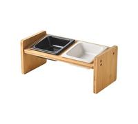 YIORYO Elevated Dog Bowls for Small Medium Dogs,Wood Raised Dog Bowl Stand with 2 Thick Ceramic Food Water Bowls Set, Anti Vomit, Non-Slip Feet, Feeding Dishes for Cats and Puppy(Black+White)