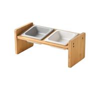 YIORYO Elevated Dog Bowls for Small Medium Dogs,Wood Raised Dog Bowl Stand with 2 Thick Ceramic Food Water Bowls Set, Anti Vomit, Non-Slip Feet, Feeding Dishes for Cats and Puppy(Grey+White)
