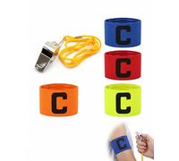 YIPFEN 4 x Football Captain Armbands + Whistle | Adjustable, Elastic, Non-Slip with 'C' | Colours: Blue, Red, Orange, Fluo Yellow | For Children and Adults, Team Sports.