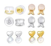 YIPFEN 6 Pairs Silicone Earring Fasteners, 3 Different Designs (Heart, Butterfly, Circle), for Lengthened Lobes, Heavy Lobes and Stud Earrings, Silver Clasps for Women (Gold and Silver)