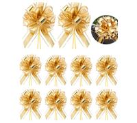 YIPFEN Pack of 10 Large Gift Bows 20 x 50 cm Gold Pull Bow with Gift Ribbons Decorative Bows for Large Gift Packaging Wedding Birthday Party Decoration