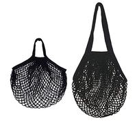 YIPINECO 2 Pack Net Cotton String Shopping Bag Net Reusable Shopping Tote for Grocery Shopper Produce Storage Beach Toys Fruit Vegetable (Long Handle + Short Handle) (Black)
