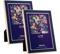 YiPinYin 5x7'' Navy Blue Enamel Picture Frames with metal Gold Plated Edge -HD-Real Glass & Velvet Back,Blue Picture Frame 5x7''for Elegant Display