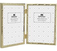 YiPinYin Gold 5x7‘’ Bamboo Detail Design Double Picture Frame,Elegant Narrow Profile Gold Plated Photo Frames With Soft Touch Velvet Backing for Desktop and Shelf Decor