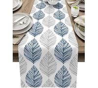 YIPOCH Navy Blue and Grey Leaf Texture Linen Table Runner Wedding Decortions Abstract Art Leaves Dining Table Runner Party Decor