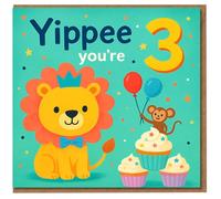 Yippee You're 3 - Cute Lion and Monkey 3rd Birthday Card for Child, Fun Kids Card with Balloons and Cupcakes