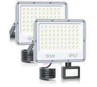 YIQIBRO Security Lights Outdoor Motion Sensor 50W - 5000LM IP67 Waterproof LED Security Lights with Motion Sensor Mains Powered, 7000K Cold White Pir Floodlight Outdoor for Garden, Patio(2 Pack)