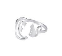 YIQPKUM Cute Crescent Moon Cat Rings Adjustable Open Band Stainless Steel Stars Jewellery Charms Statement Gifts for Women (Silver Plated)