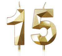 Yiran 15th Birthday Candles, Number 15 Candle, Gold Candles, Birthday Candle Cake, Happy Birthday Candle, Cake Candles Cake Topper Decorations Boys Girls Birthday Party Wedding Anniversary Supplies