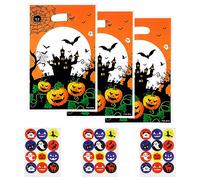 Yiran 30pcs Halloween Party Bags with 32sticker, Plastic Small Gift Bags with Handle, Gift Goodies Bag, Fillers Gift Bags for Halloween, Castle Bats Ghosts Design