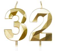 Yiran 32nd Birthday Candles, Gold Number 32 Happy Birthday Candles, Cake Topper Decorations for Birthday Party, Wedding Anniversary Celebration Supply