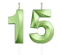 Yiran 3D Birthday Candles, Green Number 15th Candle, Boys Girls Men Women Cake Topper Birthday 15 Year Old Party Wedding Anniversary Celebration Supplies