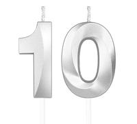Yiran 3D Birthday Candles, Silvery Number 10th Candle, Boys Girls Men Women Cake Topper Birthday 10 Year Old Party Wedding Anniversary Celebration Supplies