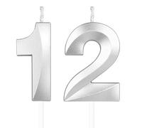 Yiran 3D Birthday Candles, Silvery Number 12th Candle, Boys Girls Men Women Cake Topper Birthday 12 Year Old Party Wedding Anniversary Celebration Supplies