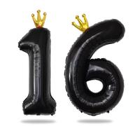 Yiran 40inch Black Foil Balloon Number 16 with Gold Crown, Large Number Balloons, Helium 16 Balloon Numbers, Black 16th Birthday Decorations for Girls Boys Kids/Anniversary Party Decorations