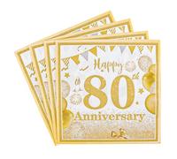 Yiran 80th Anniversary White Gold Napkins,20PCS Gold Glitter 33cm*33cm Disposable Paper Napkins for 80th Wedding Birthday Celebration Party Decorations