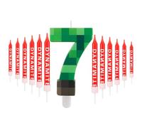Yiran Birthday Candle Set,Number 7 Candle with 12 Pieces Long Thin Dynamite Candles,Green Game 7 Candles,Hot Cartoon Gaming Theme Birthday Candle for Boys Girls Party Supplies Decorations
