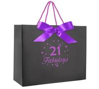 Yiran Black Birthday Gift Bag for 21 Year Old Gift Wrapping, 21st Fabulous Womens Gift Paper Bags with Handles & Ribbon, Party Decorations Supplies