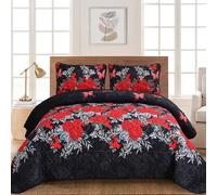 Yiran Black Floral Quilt Set King Size Summer Botanical Bedspreads Bedding Set 3 Pieces Lightweight Rose Flowers Printed Coverlet with 2 Pillow Shams for All Season 104x90 Inch