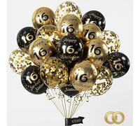 Yiran Black Gold 16th Birthday Balloons Pack of 15 - Teenager Party Decorations for Boys Girls Men Women - Latex Confetti Balloons 12inch & Ribbon