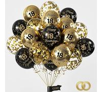 Yiran Black Gold 18th Birthday Balloons Pack of 15 - Teen Boys & Girls Happy Birthday Party Decorations - Latex Confetti Balloons, 12inch & Ribbon