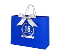 Yiran Blue Silvery 16th Birthday Gift Bag with Greeting Handles and Satin Bow for Boys Girls 16 Year Old Birthday Gift Wrapping Bag for Party Anniversary Celebrations Decorations Supplies